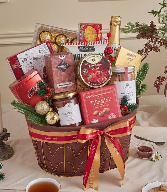 Dark brown luxury gift basket with gold-wrapped tiramisu chocolates, cocoa, strawberry jam, and premium treats for New Year