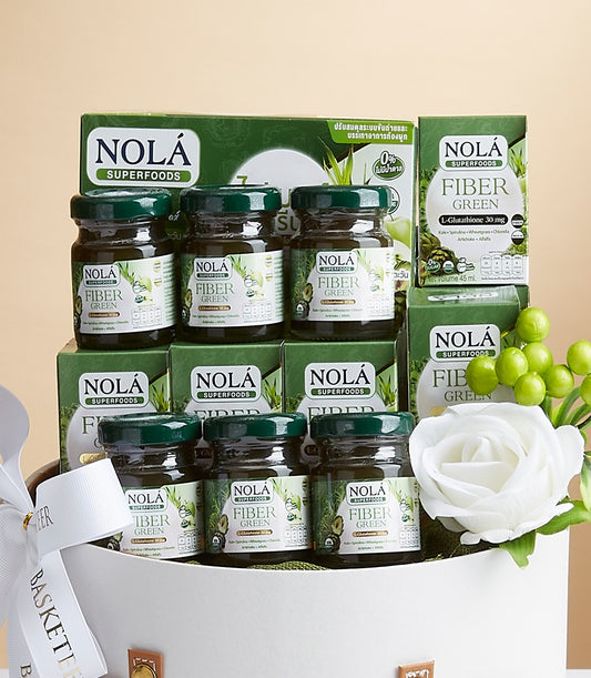 Green superfood fiber supplement gift basket with glass jars, artisan curated wellness set