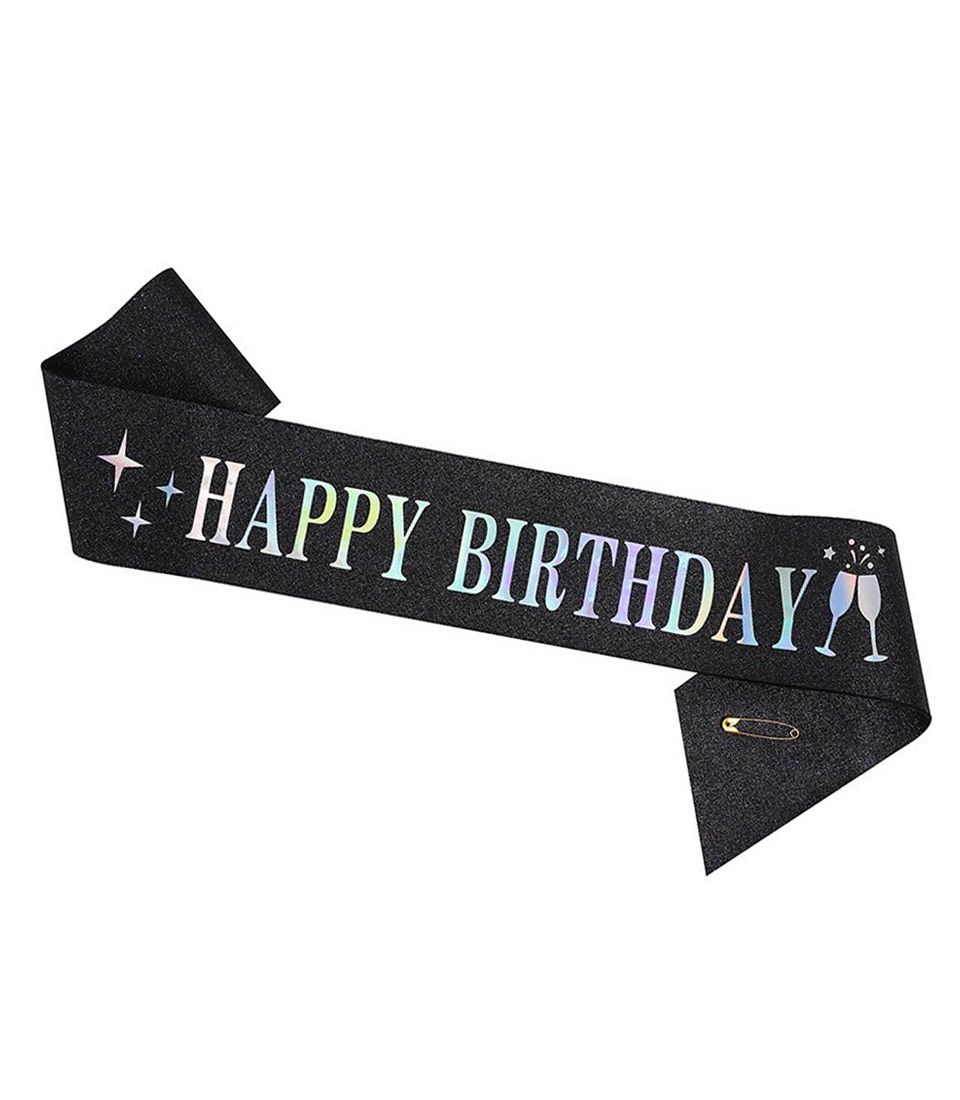 Black glitter birthday sash with holographic Happy Birthday text and champagne glass design
