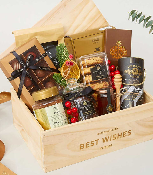 Healthy Living Discovery wooden gift crate with gourmet chocolates, cookies, honey, and coffee for New Year