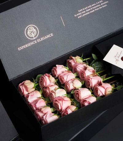 Hermosa pink luxury rose bouquet in black VIP gift box with Valentine's card