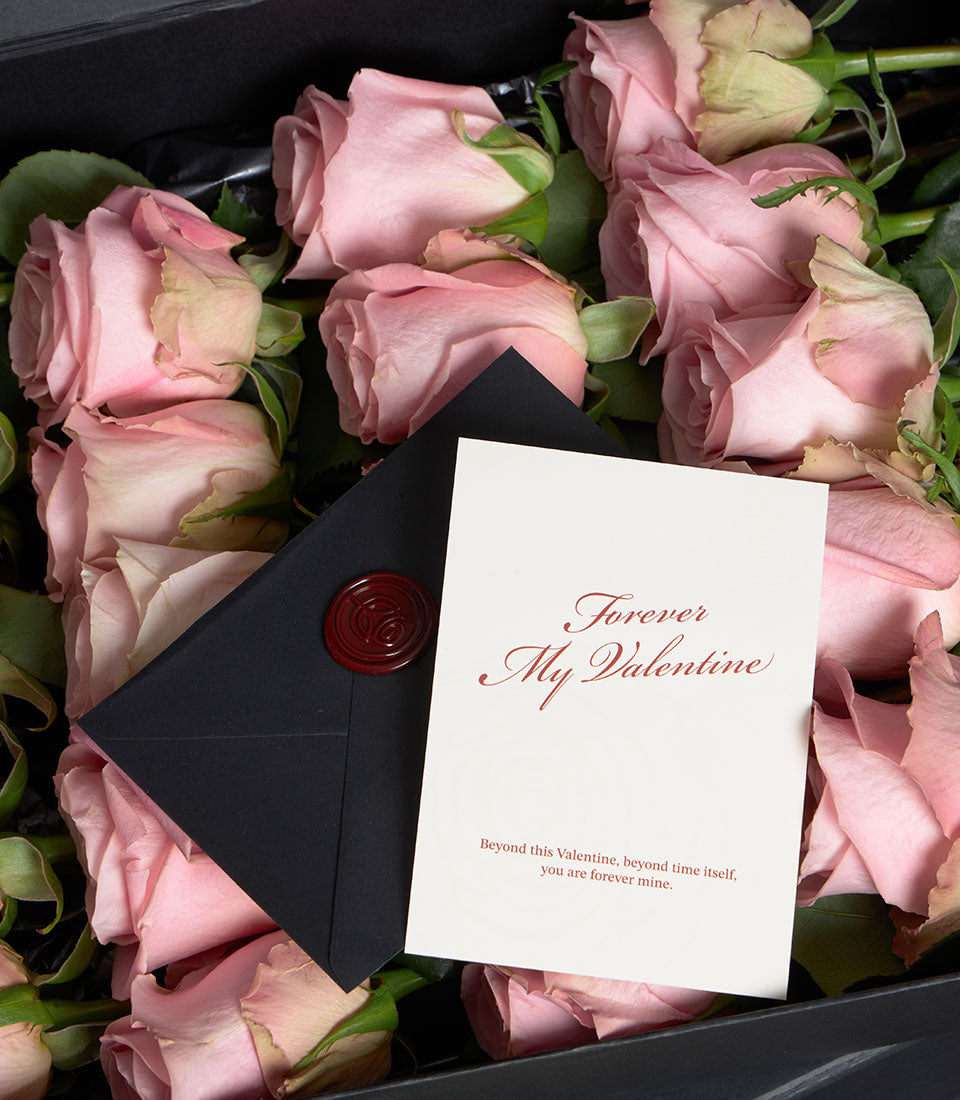 Hermosa pink roses with personalized Valentine's card in luxury VIP gift box