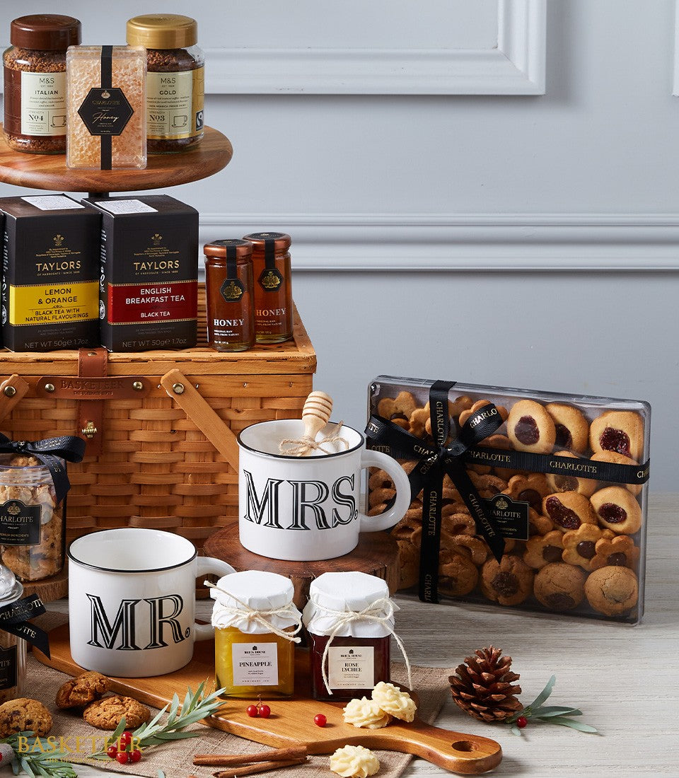 Opulent Imported Collection luxury hamper with Italian coffee, gourmet honey, Taylors tea, artisan jams, cookies and ceramic