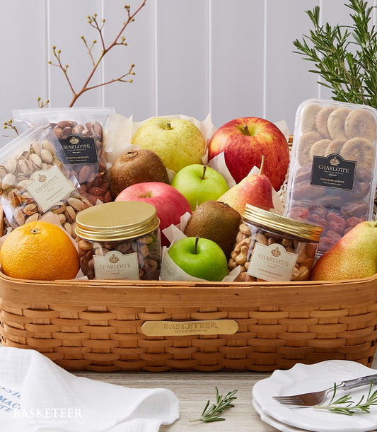Premium fruit and wellness gift basket with fresh apples, pears, kiwis, almonds, pistachios, and dried fruits for get well