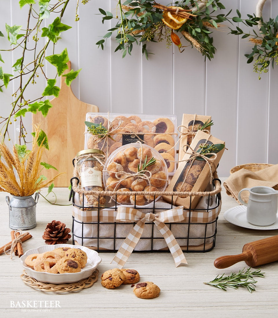 Premium gourmet cookie gift basket with shortbread, jam tarts, and artisan baked goods for New Year