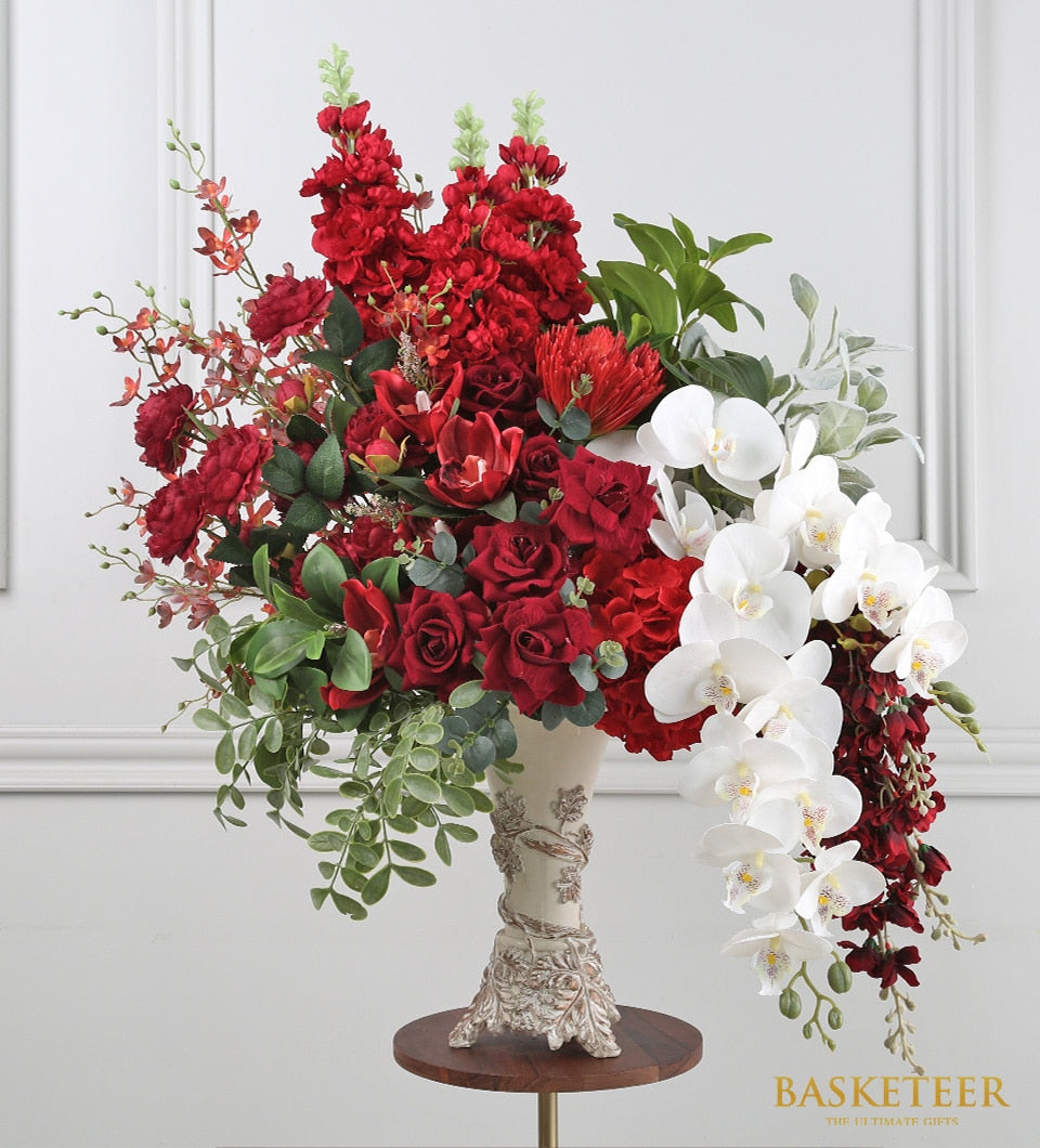 Red roses and orchids in cream decorative vase with silver detailing, luxury artificial flower arrangement for gifting