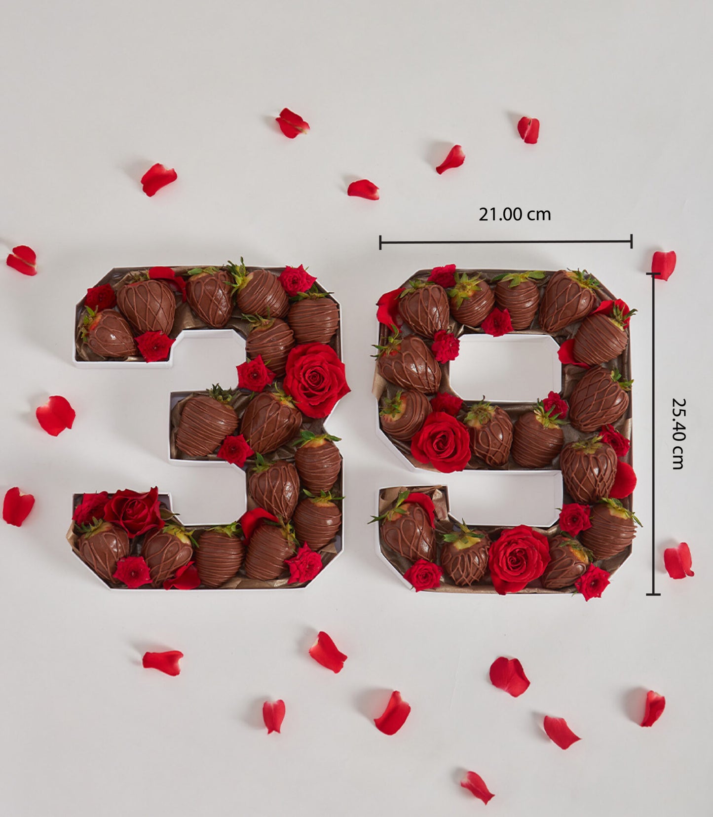 Chocolate-covered strawberry number box with red roses, personalized birthday gift arrangement