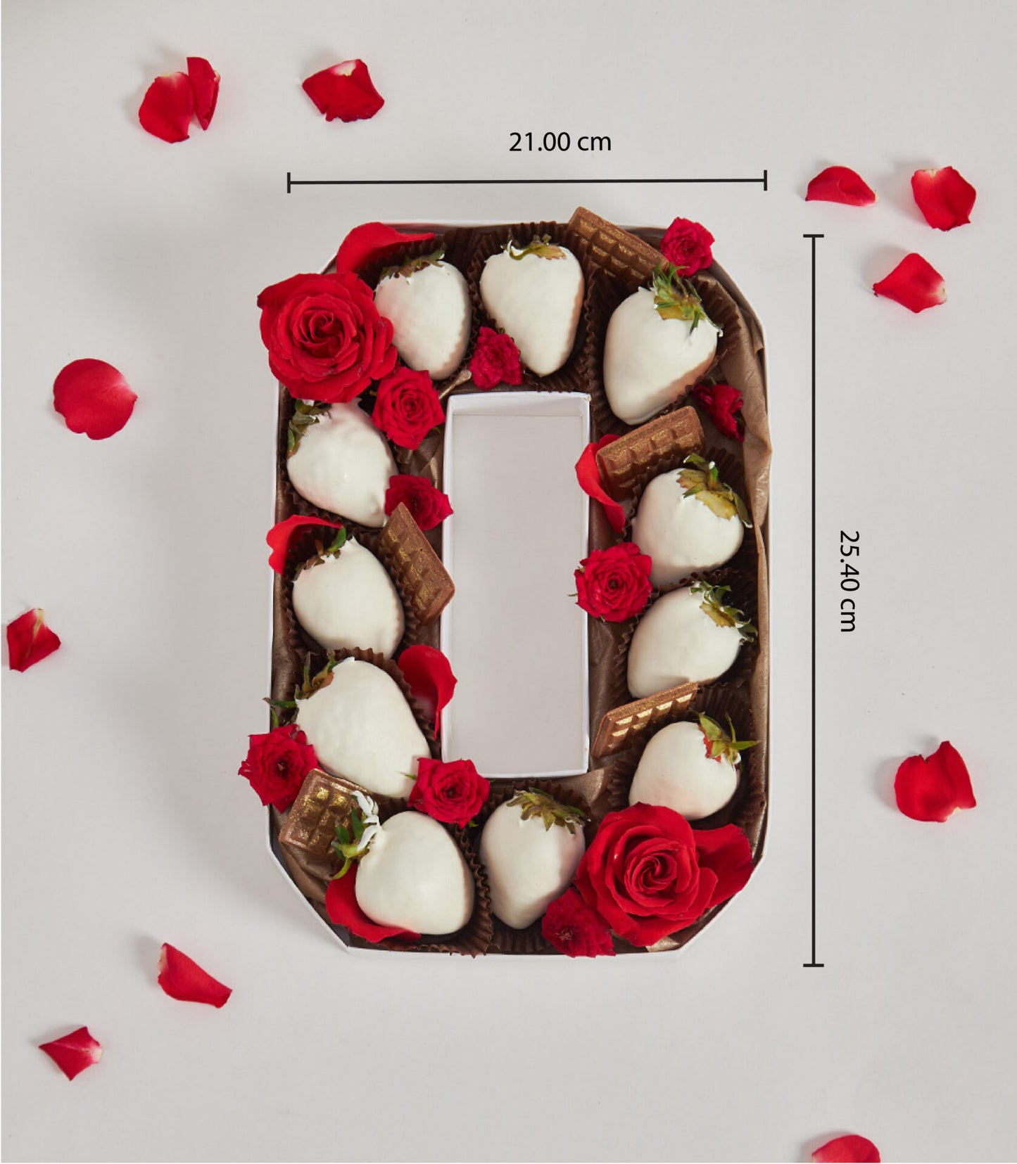 Luxury chocolate strawberry number box with white chocolate-covered strawberries, red roses, and gold foiled chocolates