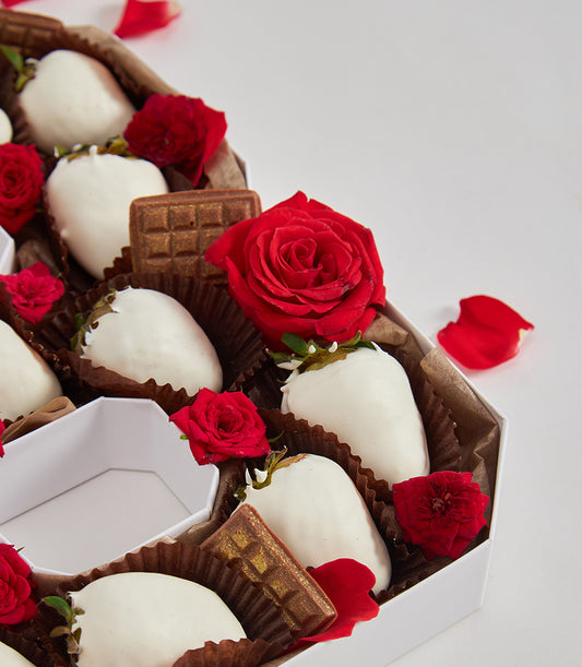 Number-shaped white chocolate strawberry box with dark chocolate bars and red roses for birthday gifts