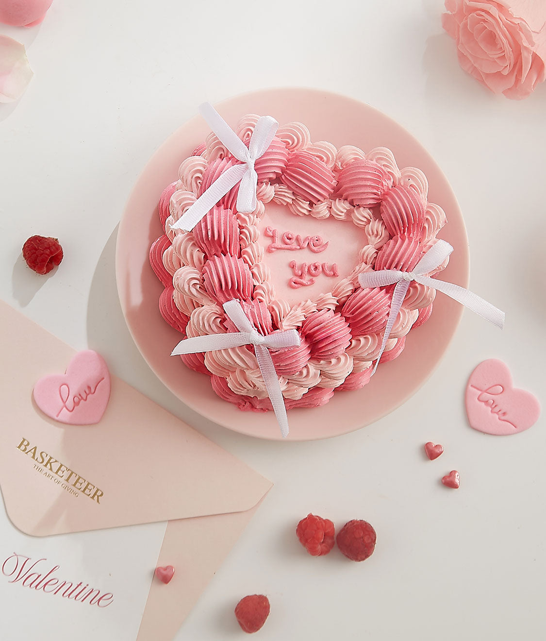Pink Valentine cake quarter-pound with heart frosting and love message, artisan bakery gift add-on