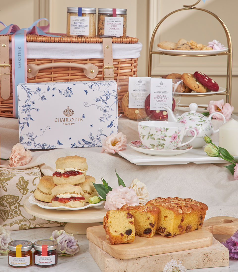 Charlotte Bakery afternoon tea set: scones with jam, fruitcake, cookies, and tea. A British bakery Thailand experience delivered to Bangkok.