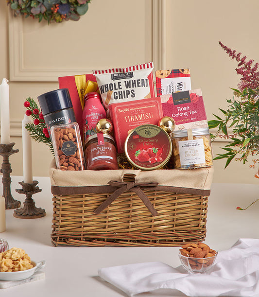 Premium New Year gift hamper with gourmet treats, bird's nest, cookies, and Davidoff fragrance in woven wicker basket