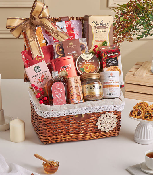 Luxury dark brown wicker hamper with almond crackers, gourmet treats, tea, and honey gift set for New Year