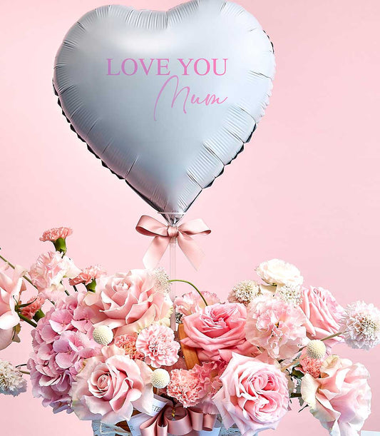 Pink rose and hydrangea Mother's Day flower basket with Love You Mum balloon
