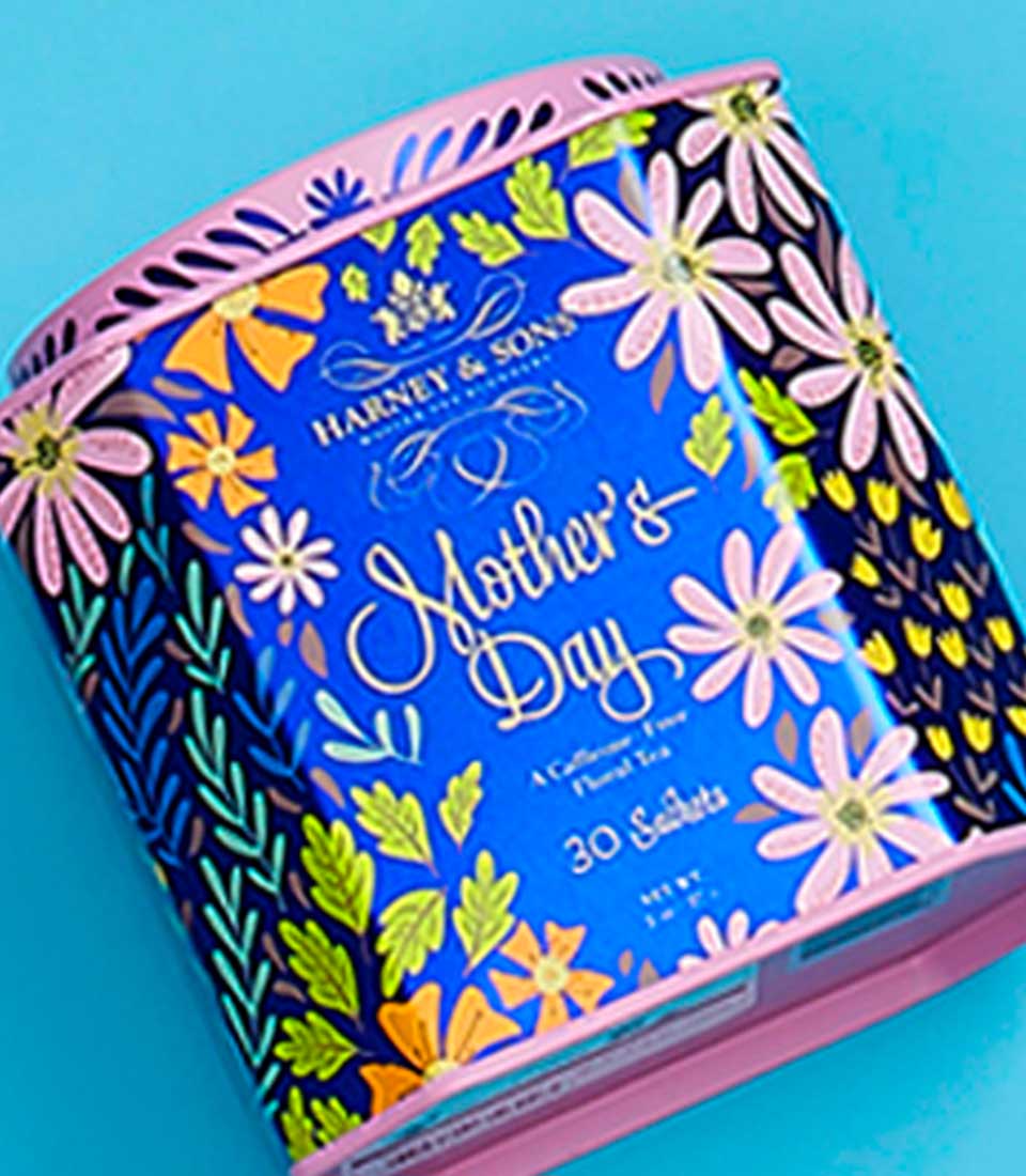 Harney & Sons Mother's Day floral tea tin with 30 sachets in pink and blue gift packaging