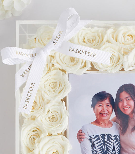 White preserved roses with photo frame gift box, Mother's Day keepsake