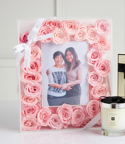 Pink preserved roses frame with Jo Malone candle Mother's Day gift set