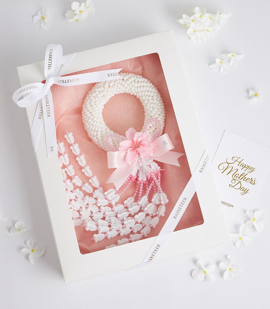 White jasmine garland gift set with pink ribbon and beaded accents for Mother's Day