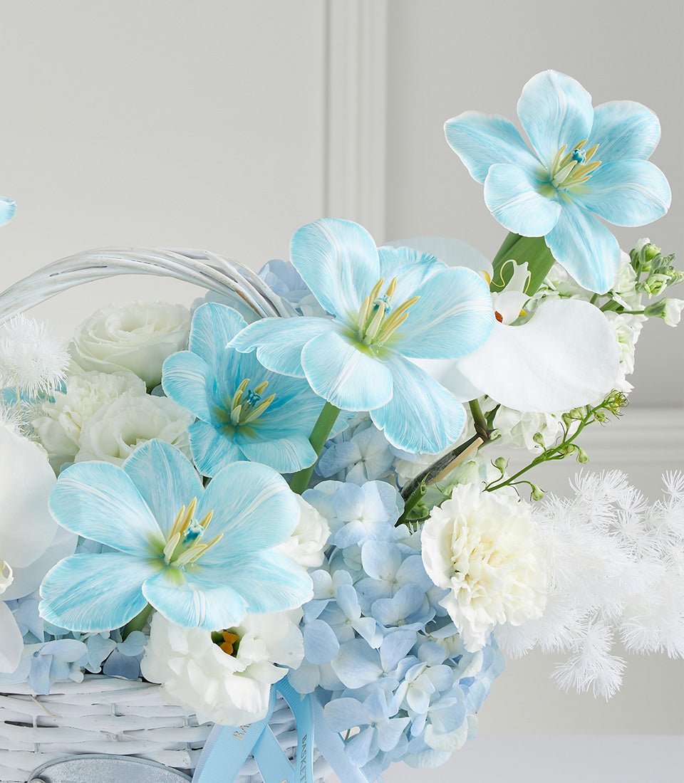 Blue and white floral gift basket with tulips, orchids, roses, and hydrangeas for Mother's Day