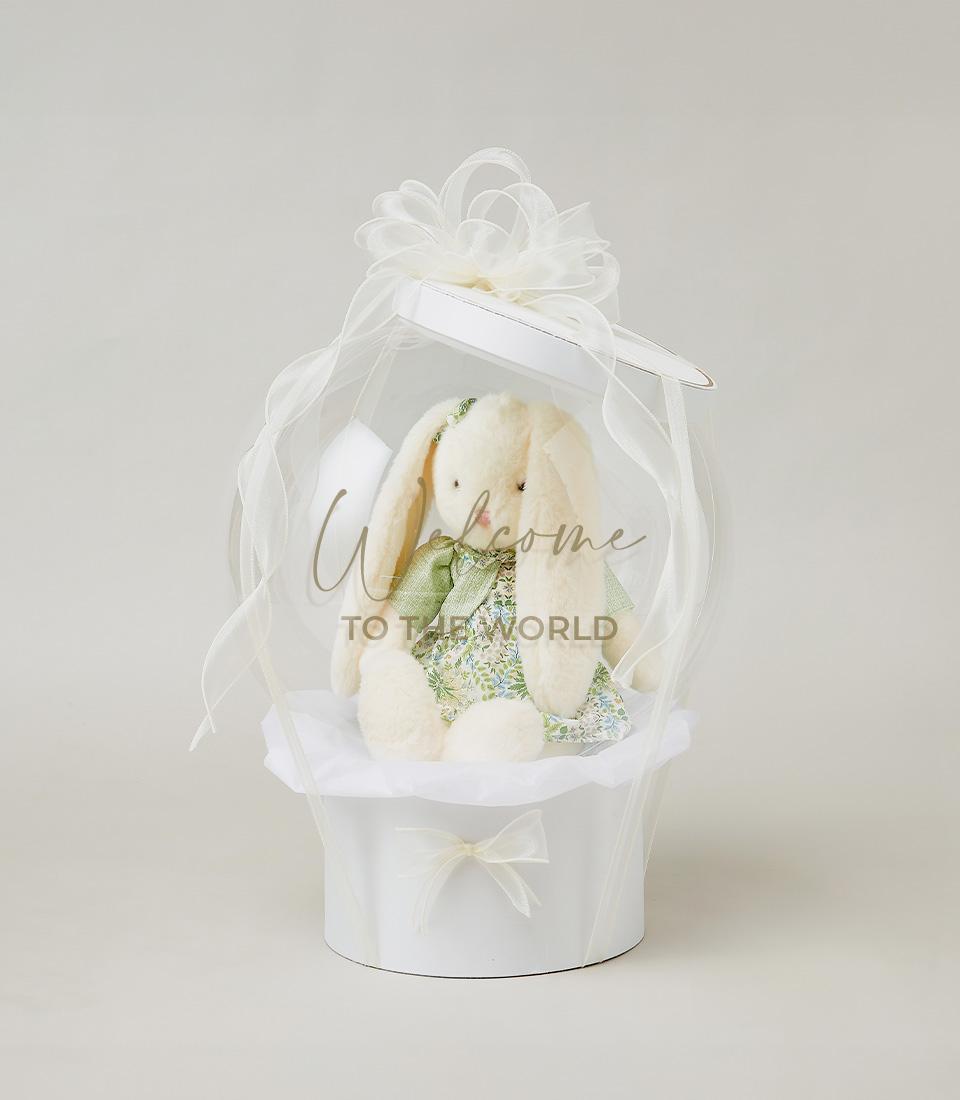 Cream plush bunny in green floral dress, newborn gift hamper with white organza wrapping and welcome message