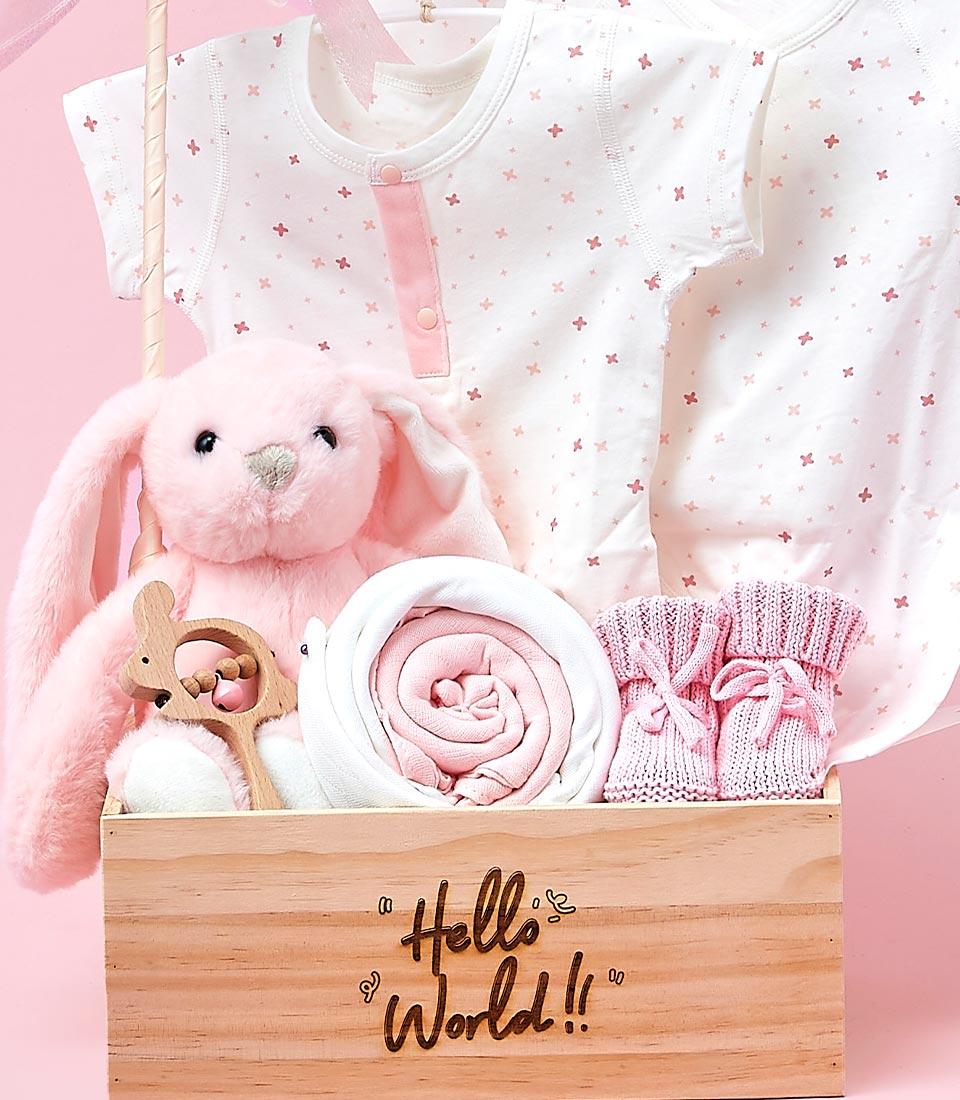 Soft pink baby gift set in wooden crate with plush bunny, wooden rattle, knitted booties, and bodysuits