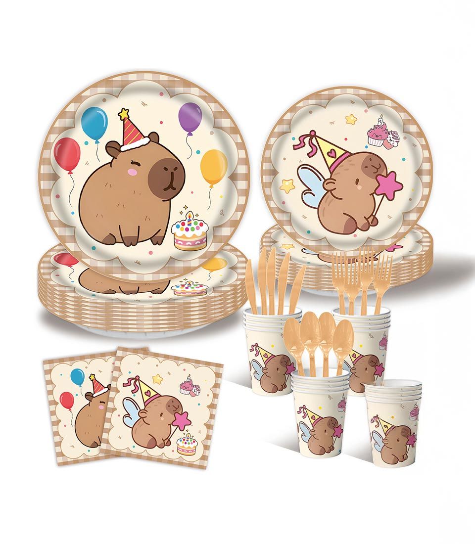 Cute capybara party tableware set with printed plates, cups, napkins, and wood-tone cutlery for 10 guests