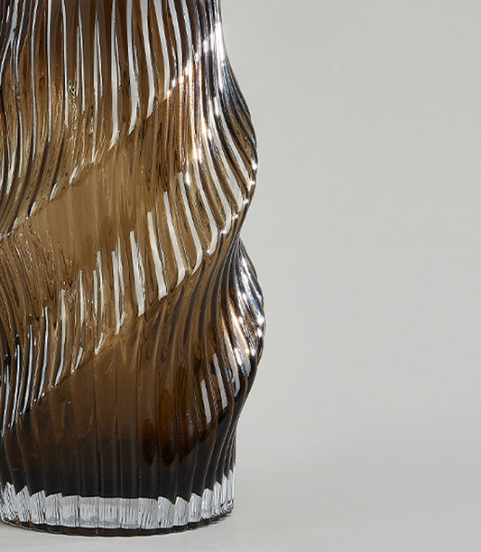 Tall amber spiral swirl glass vase with ribbed twisted design and smoky brown finish