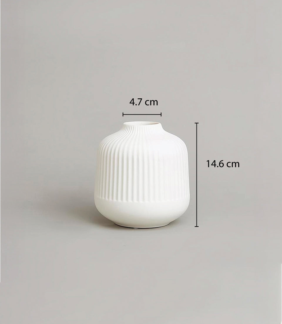 White ceramic ribbed vase with rounded base, ideal for small fresh flowers or minimalist home decor