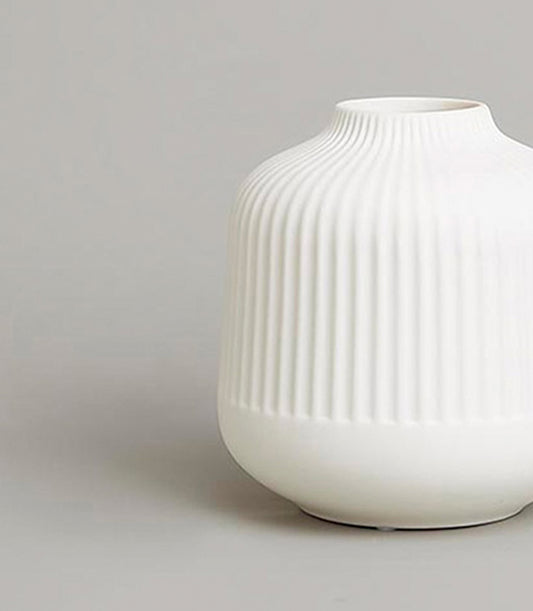 Minimalist white ribbed ceramic vase with rounded base and tapered neck