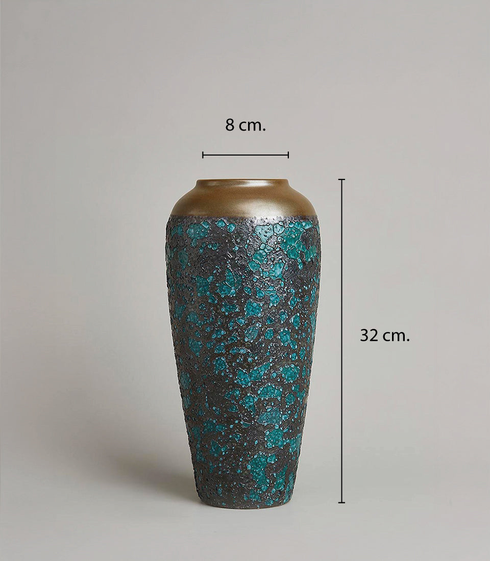 Tall turquoise mosaic ceramic vase with bronze rim, textured dark base, 32cm height