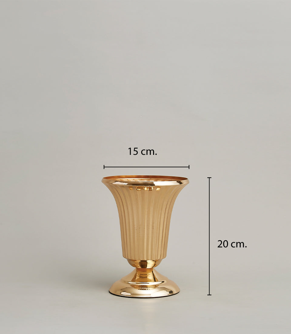 Golden fluted metal vase, 20cm tall, luxury gift hamper accessory with polished gold finish