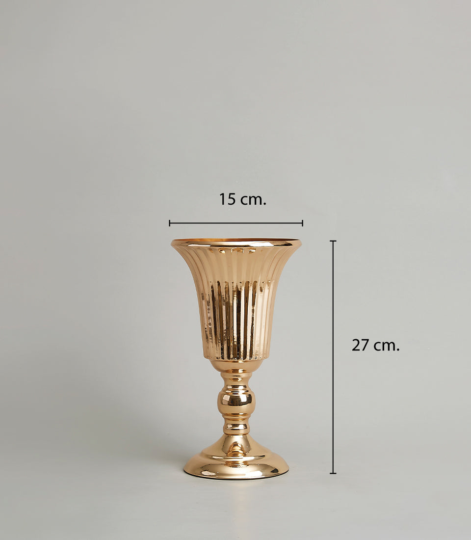 Elegant golden vase with fluted trumpet top and ornate stem, 27cm height luxury home décor
