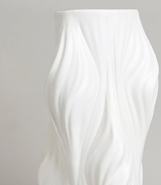 White ceramic vase with wave-textured sculptural ridges, artisan gift piece