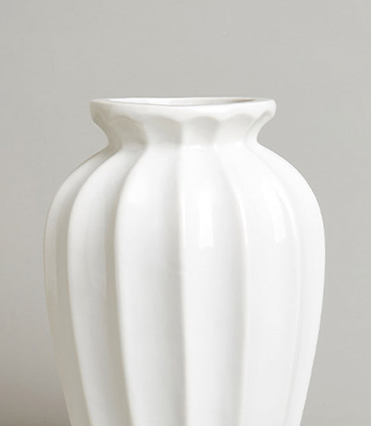 White ribbed ceramic vase with scalloped rim, luxury home décor gift