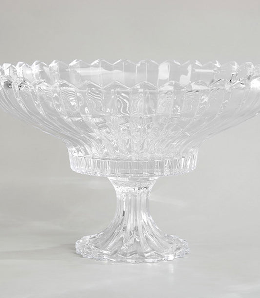 Crystal Splendor clear glass footed compote with scalloped fluted rim and ribbed pedestal base