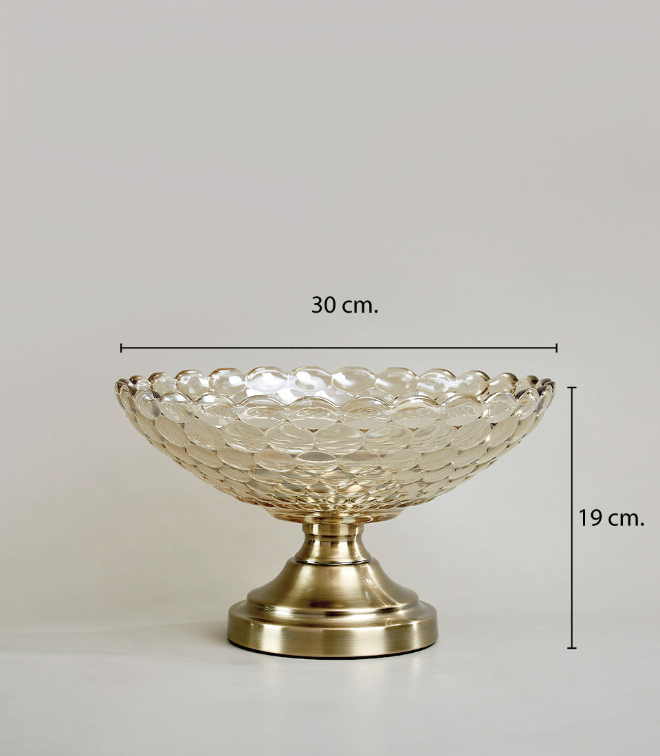 Golden honeycomb textured glass vase with brushed brass pedestal base, 30cm wide