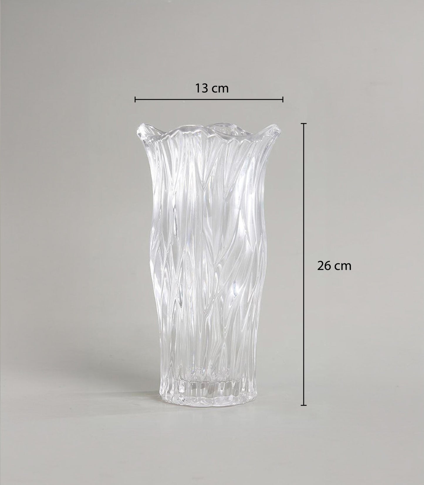 Clear glass vase with textured ripple design, 26cm tall, elegant home decor or gift