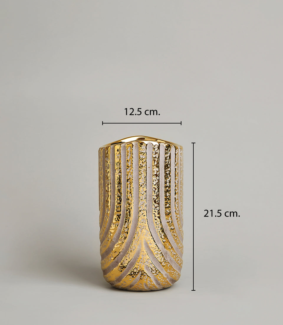 Metallic gold and grey striped cylindrical vase with chevron pattern, 12.5 x 21.5 cm
