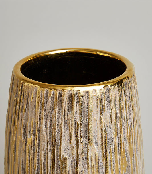 Rustic gold and off-white textured vase with metallic striped design