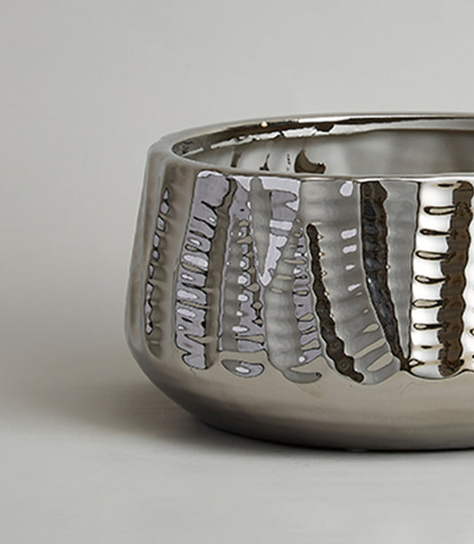 Chrome silver luxe mirage vase with hammered metallic finish and reflective glaze
