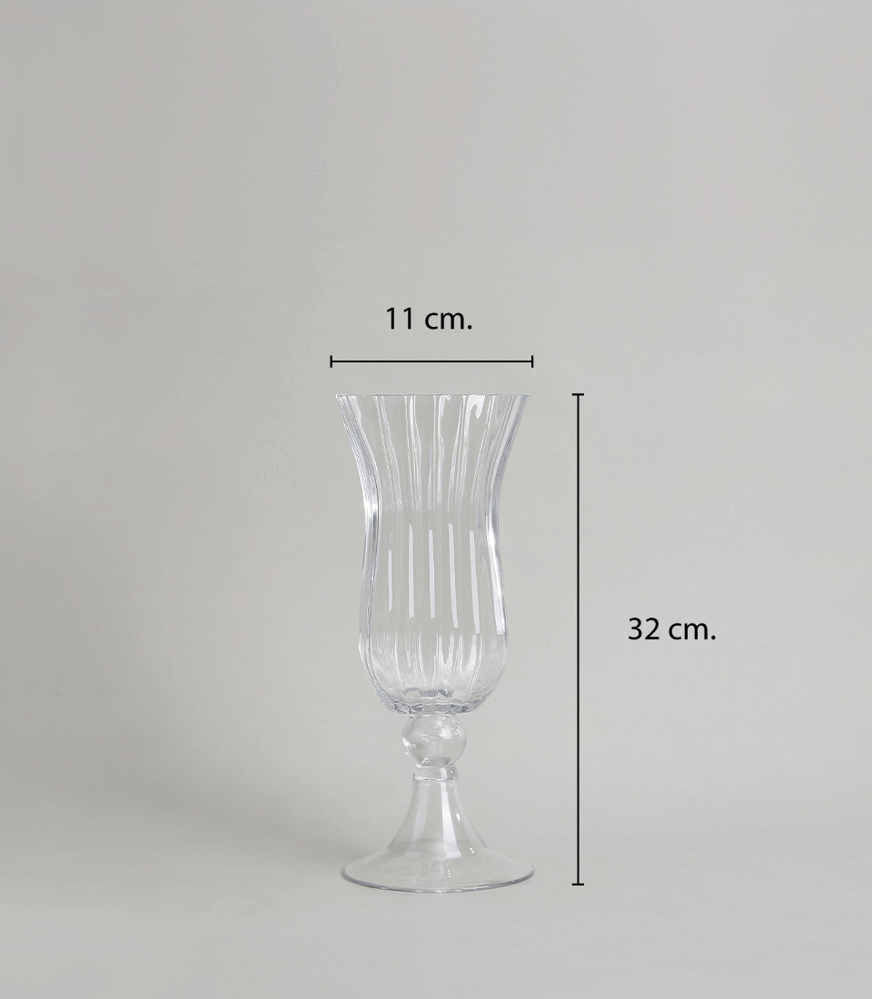 Elegant ribbed glass vase with fluted trumpet top and stemmed base, 32cm height