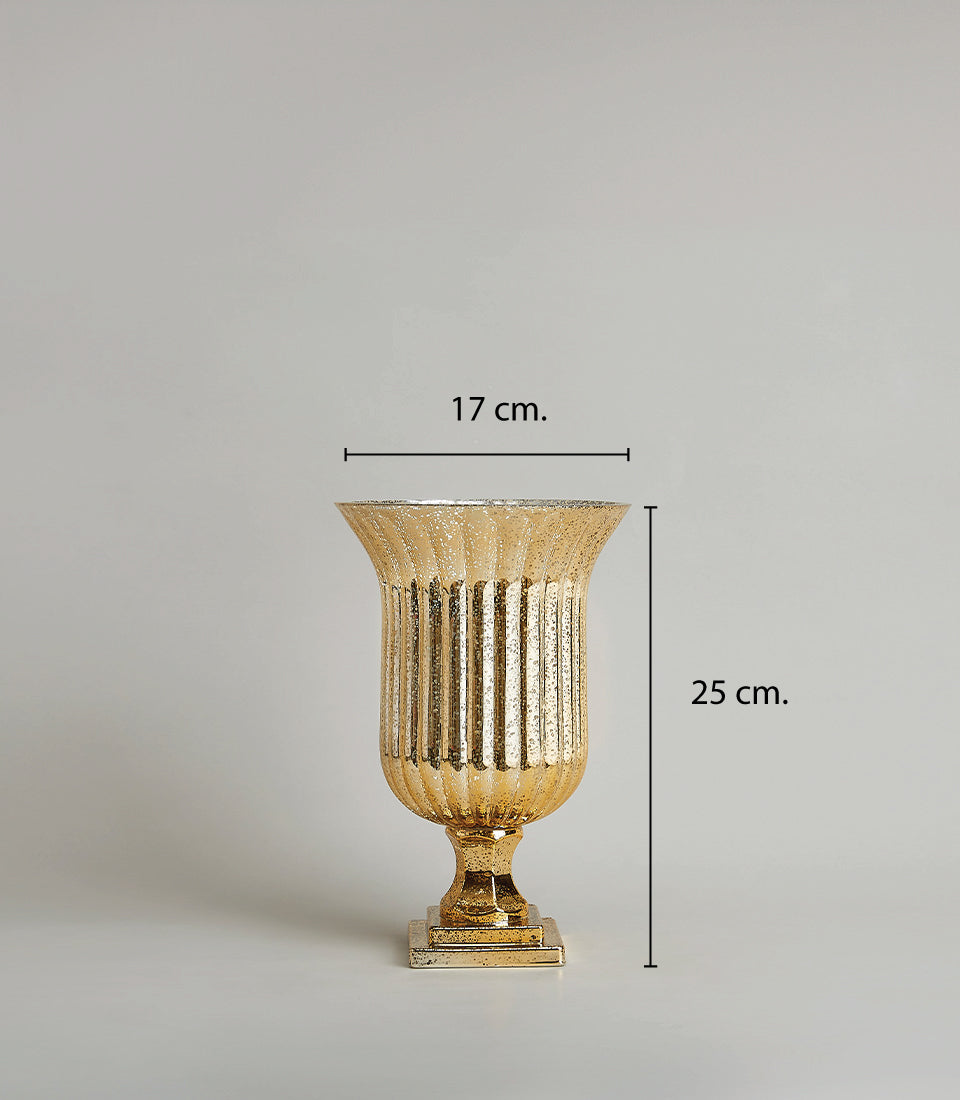Ornate golden urn vase with ribbed texture and antique mercury finish, 25cm height, premium home décor gift