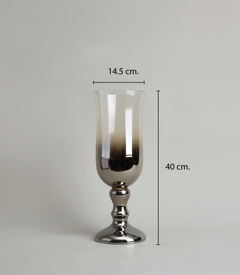 Tall ombre silver glass pedestal vase with smoky bronze gradient and polished metal base