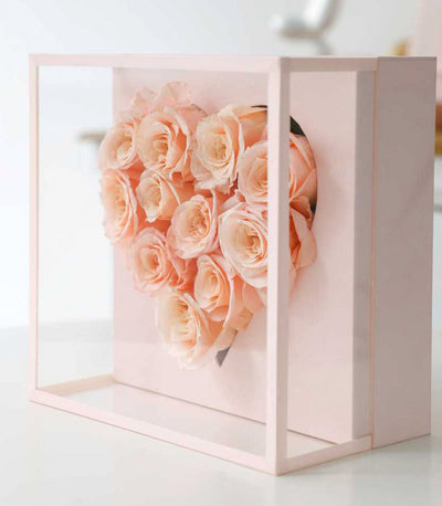 Blush preserved roses arranged in heart shape within clear display box, Flowers by Basketeer Valentine gift