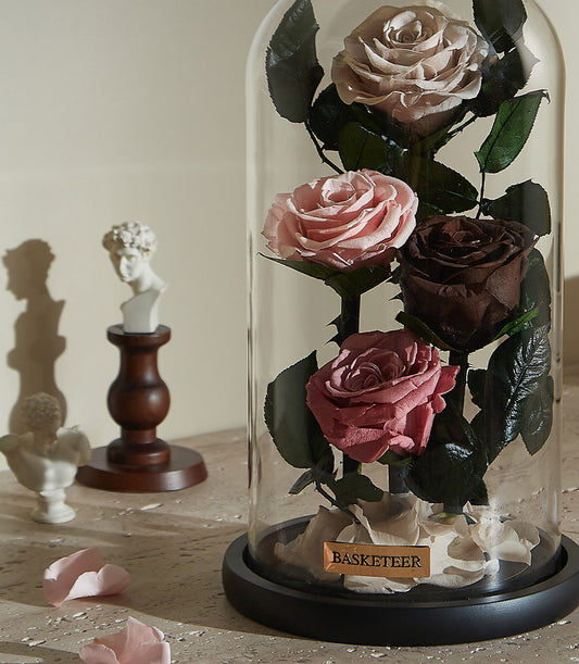 Preserved roses in glass dome cloche, dusty pink and taupe, Valentine's Day gift with eternal blooms