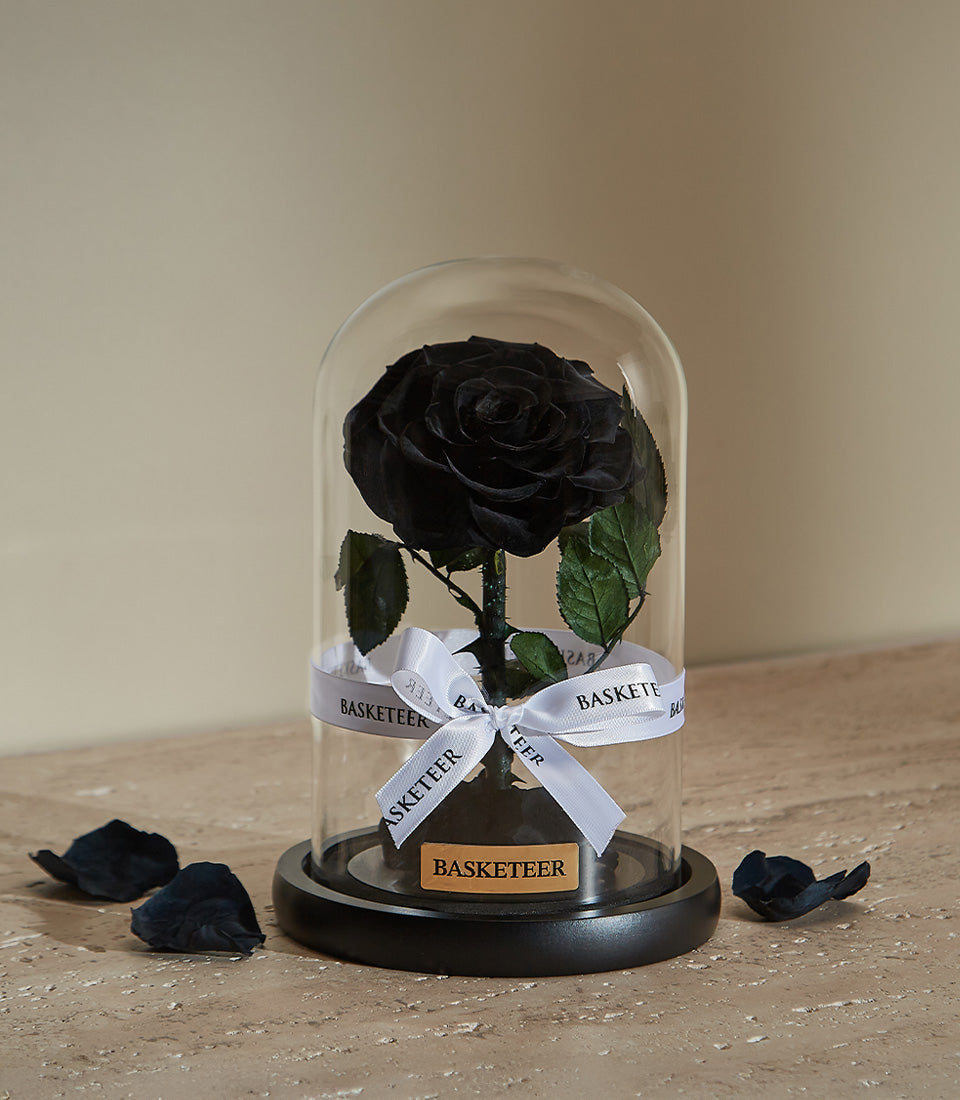 Preserved black rose in glass dome with black base, luxury gift for him