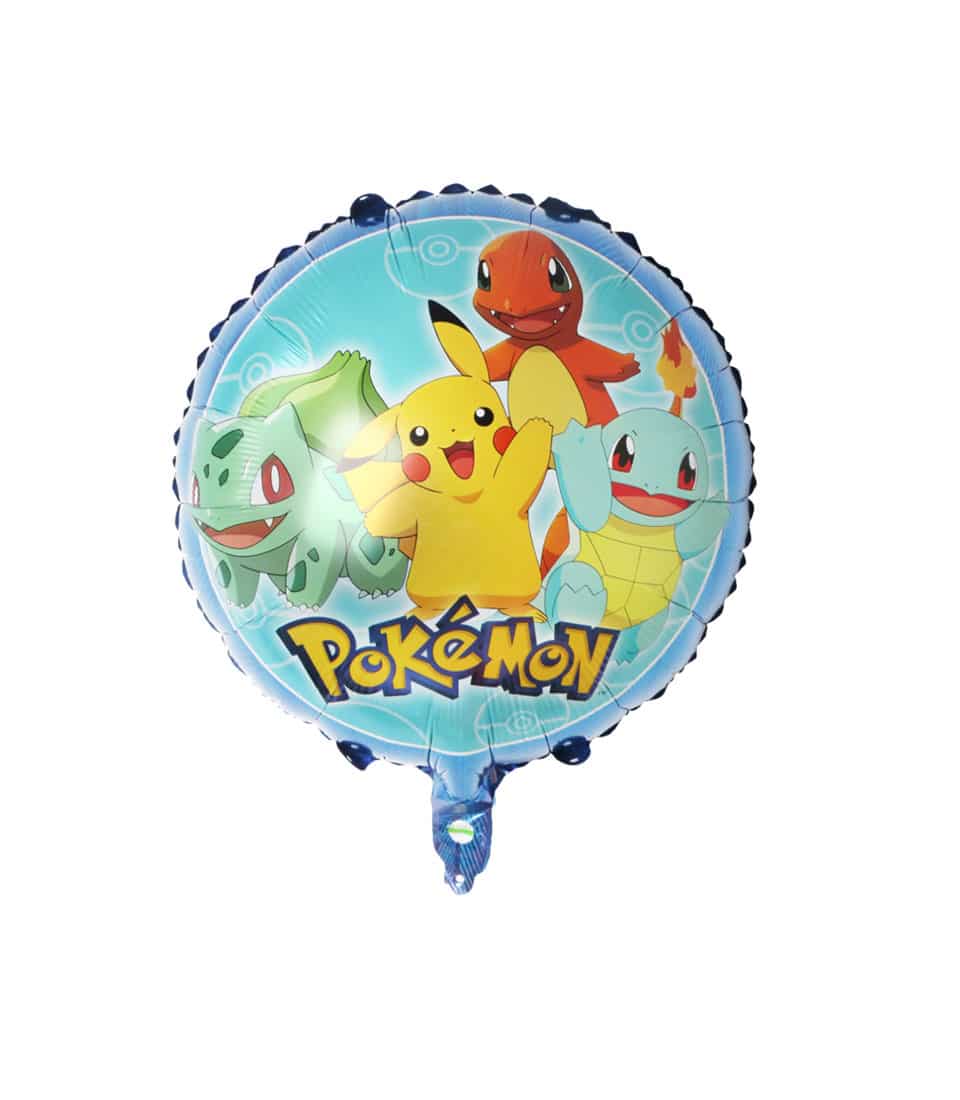 Blue Pokemon foil balloon with Pikachu, Charmander, Bulbasaur, and Squirtle for kids' birthday parties