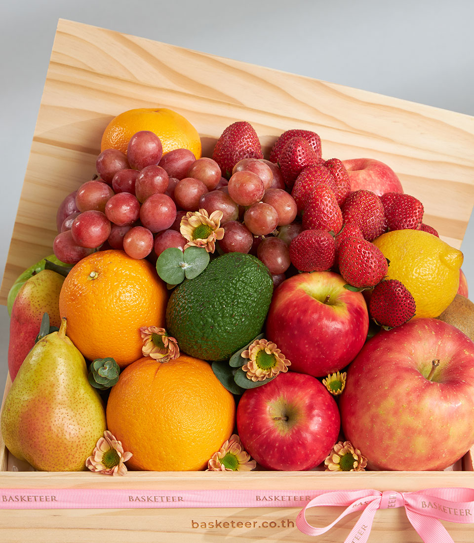 Premium fresh fruit wooden gift box with grapes, strawberries, apples, oranges, and seasonal fruit