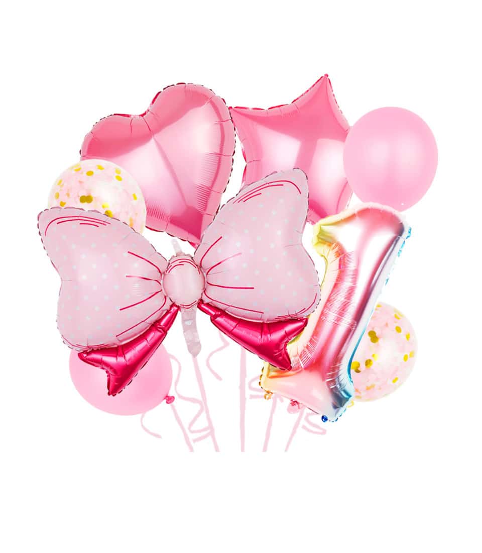Pink heart, star, bow and number balloons with gold confetti for kids' birthday celebrations
