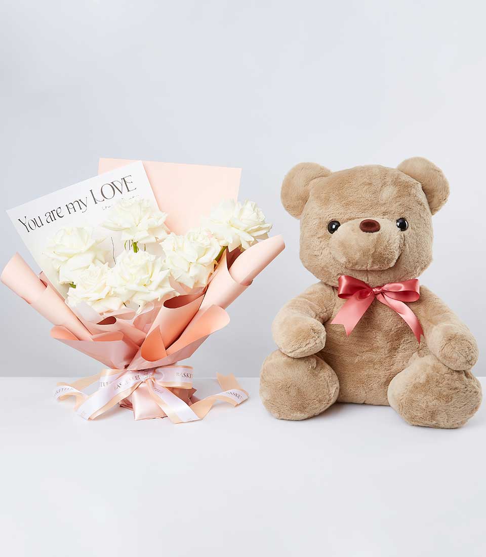 White roses with teddy bear gift set in pink wrapping, romantic combo for any occasion